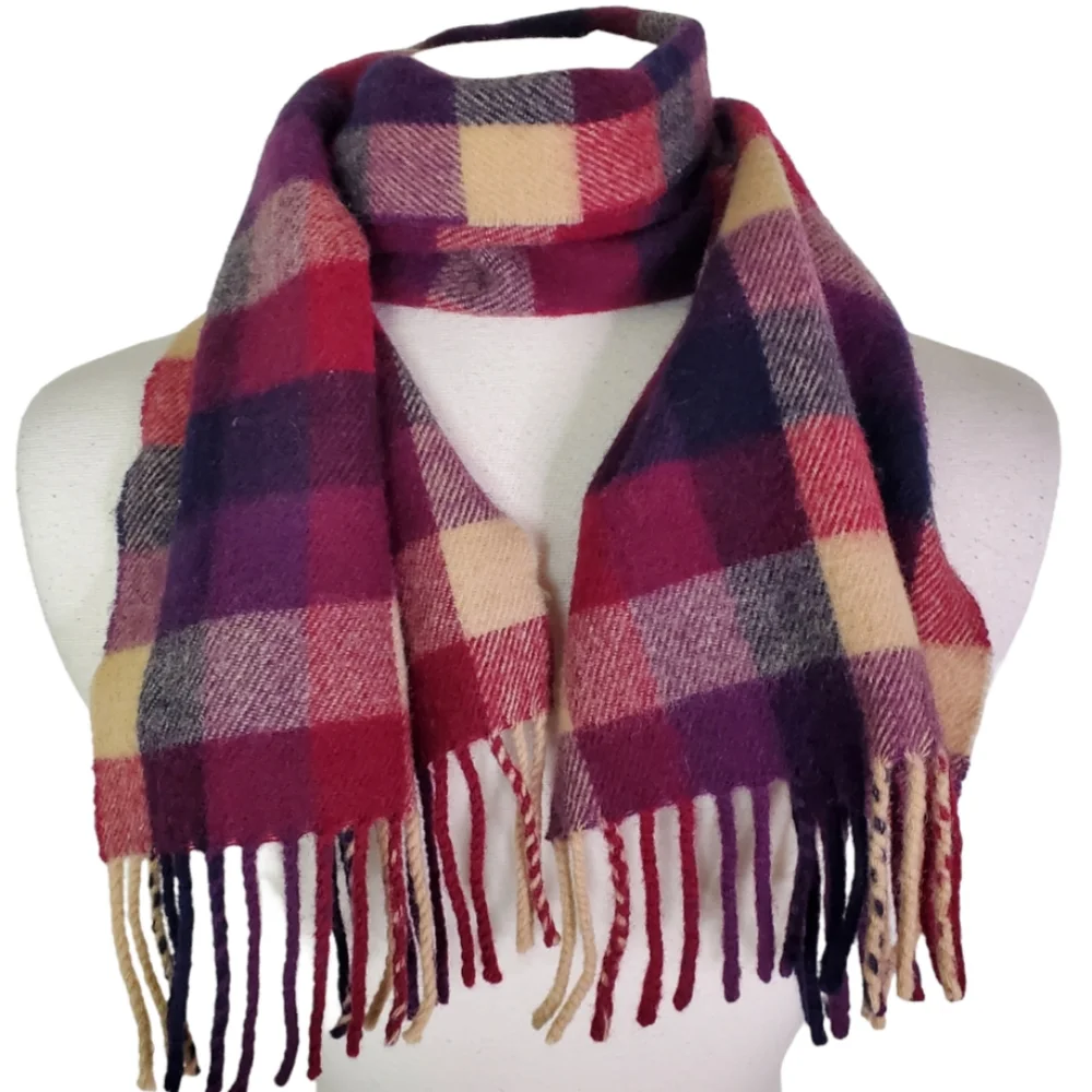 Maban of Scotland Plaid Fringe Scarf Pure New Lambswool Burgundy Black Tan